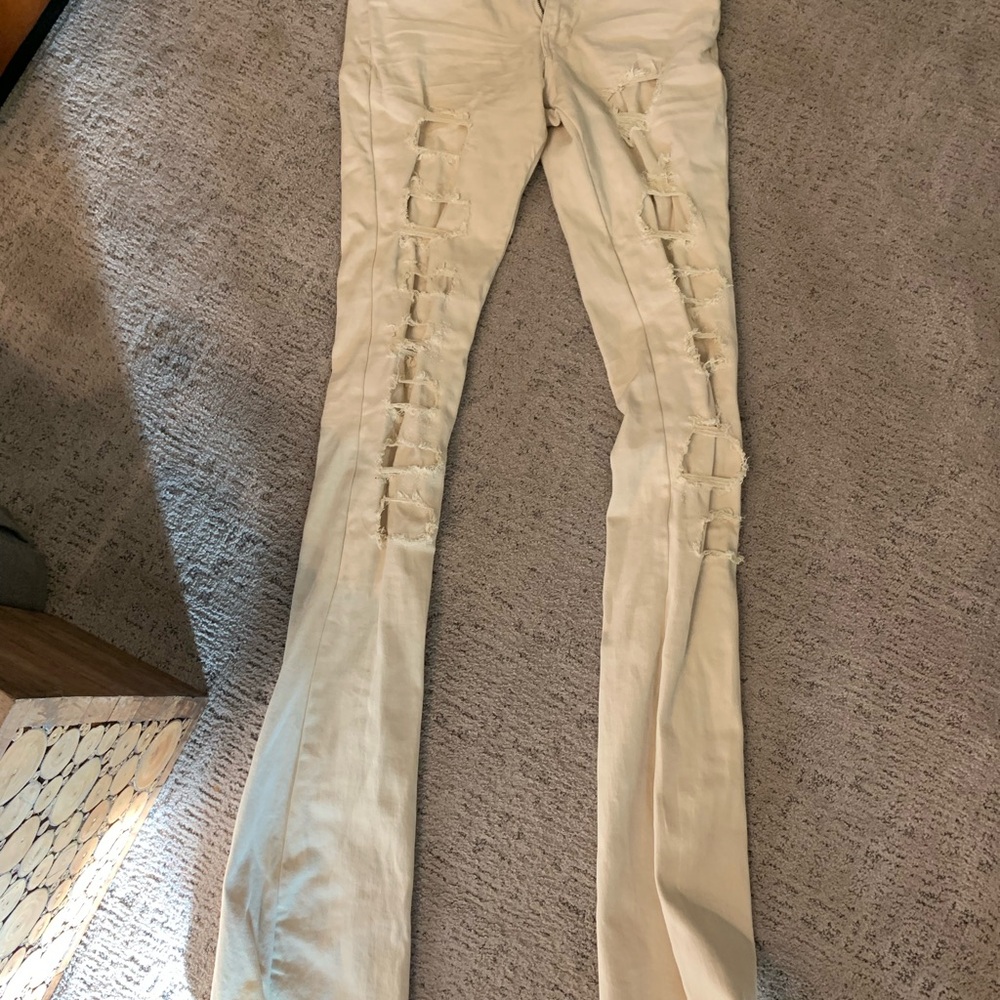 Stylish Beige Distressed stacked Jeans